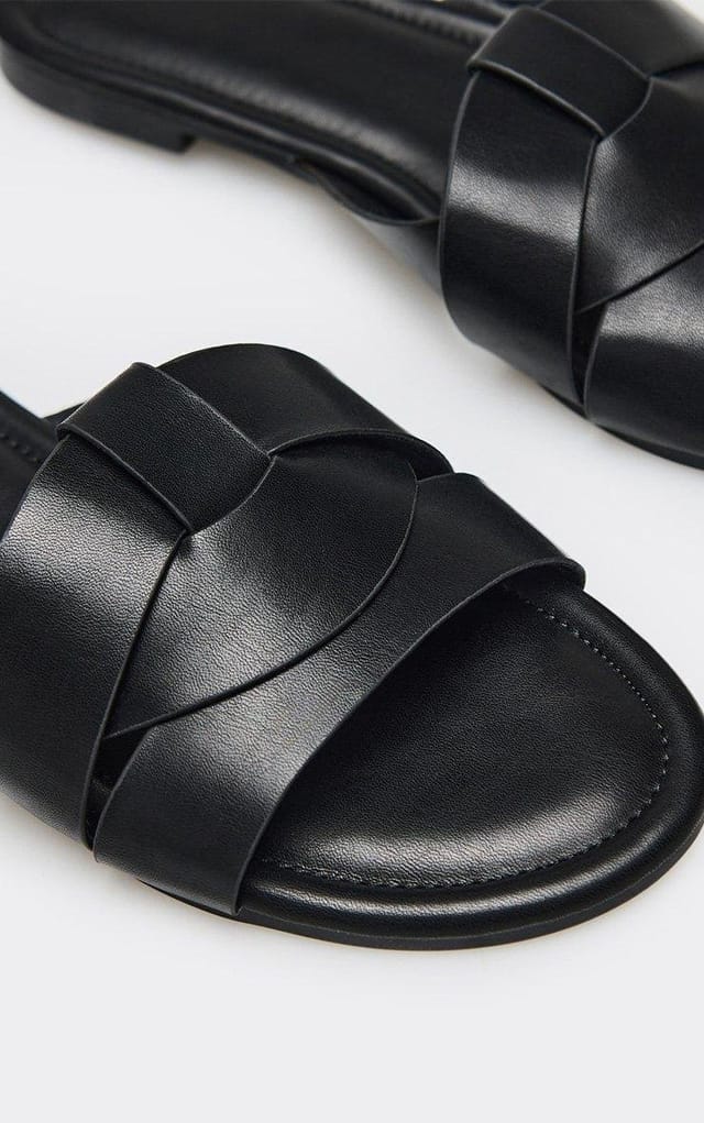 EGO Sarbina Woven Detail Flat Slider In Black Faux Leather, Women's Size UK 3 - 2