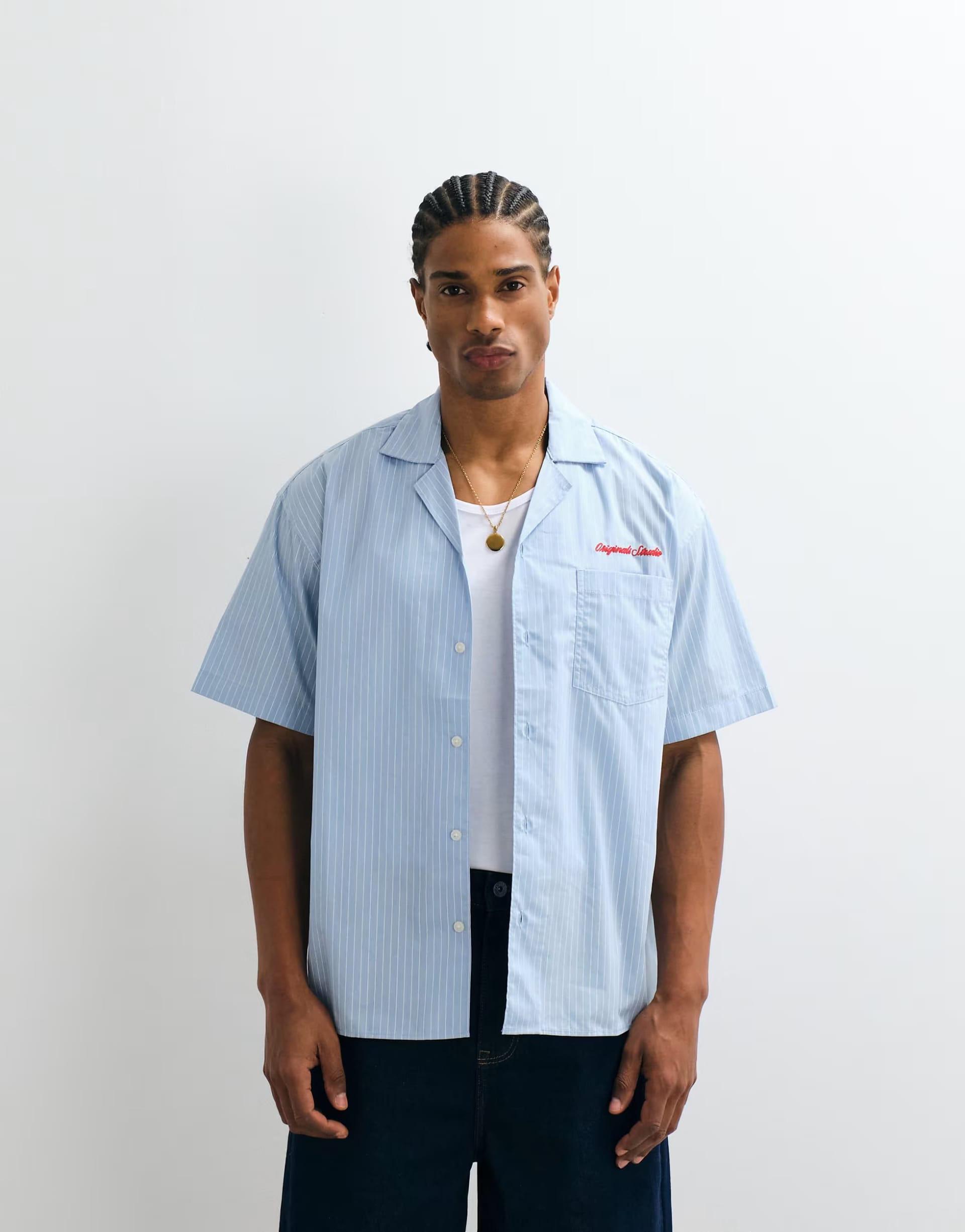 Jack & Jones Blue Striped Poplin Shirt with Pocket Embroidery