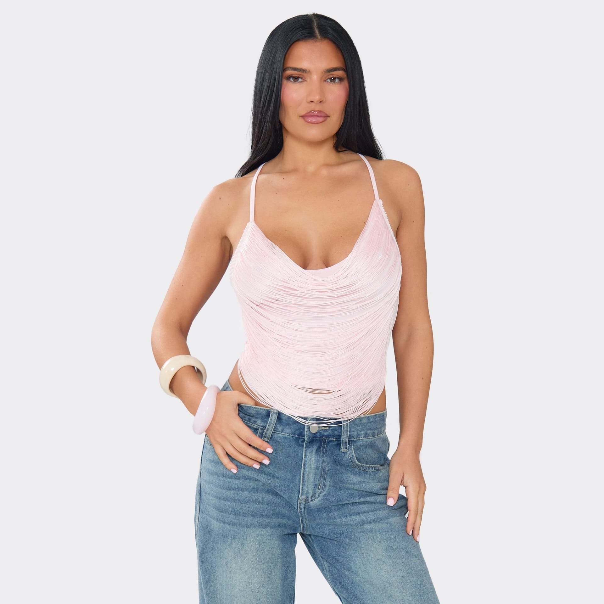 EGO Strappy Cowl Front Fringing Detail Crop Top In Pink, Women's Size UK 6