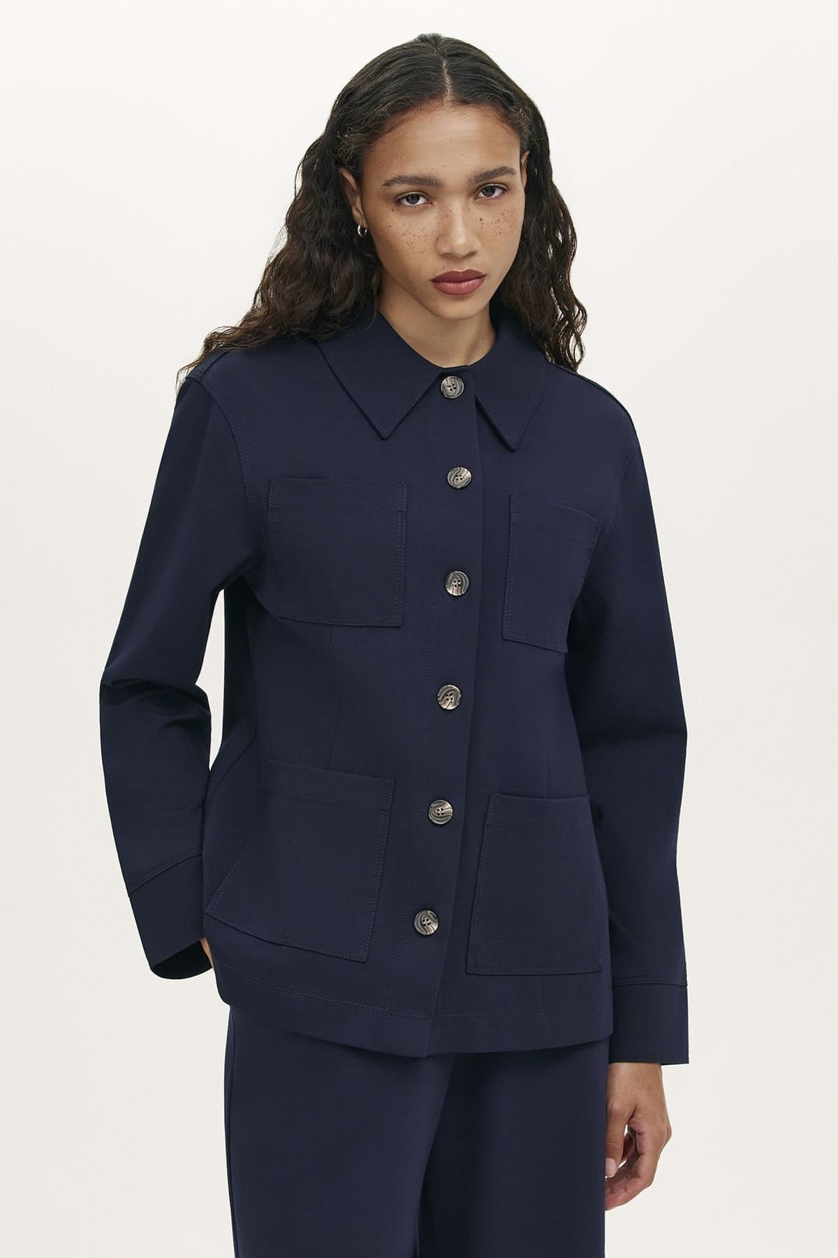 Finery London Finery London Women's Agness Ponte Jersey Collared Jacket in Dark Navy