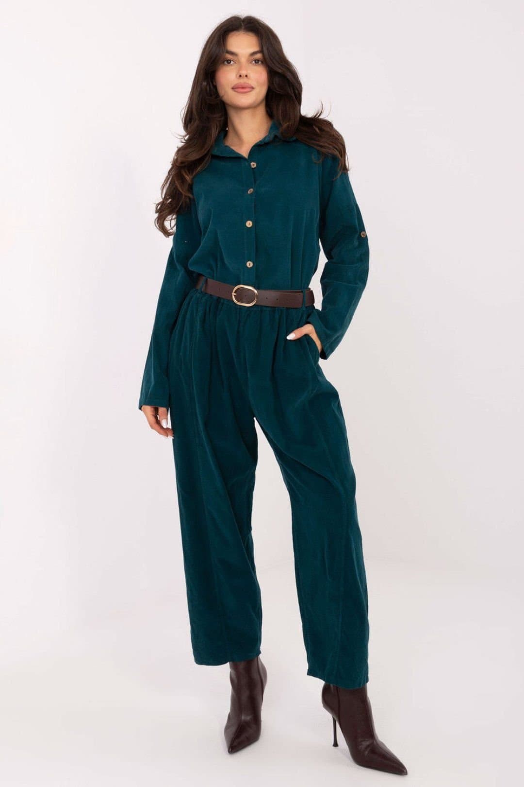 Love Lace Love Lace Women's Italian Corduroy Look High Waist Trousers in Green