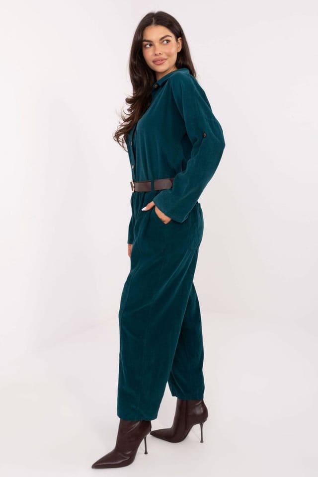 Love Lace Love Lace Women's Italian Corduroy Look High Waist Trousers in Green - 2