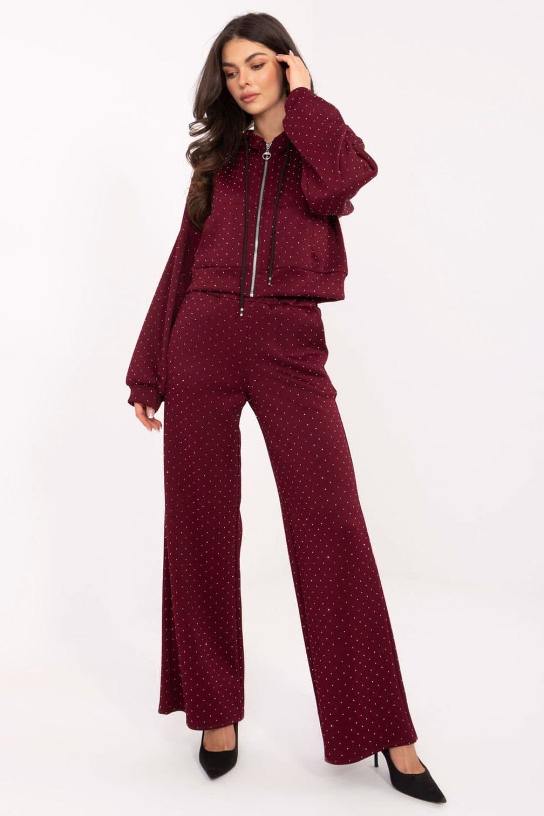 Love Lace Love Lace Women's One Size Blouse & Pants Set with Wide-Leg Fit in Burgundy