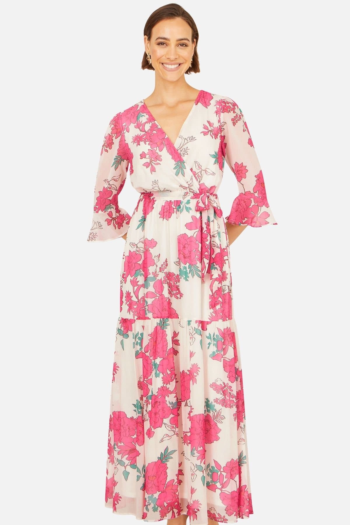 Yumi Yumi Women's Pink Blossom Print Maxi Wrap Dress in Bright Pink