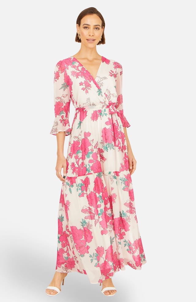 Yumi Yumi Women's Pink Blossom Print Maxi Wrap Dress in Bright Pink - 2