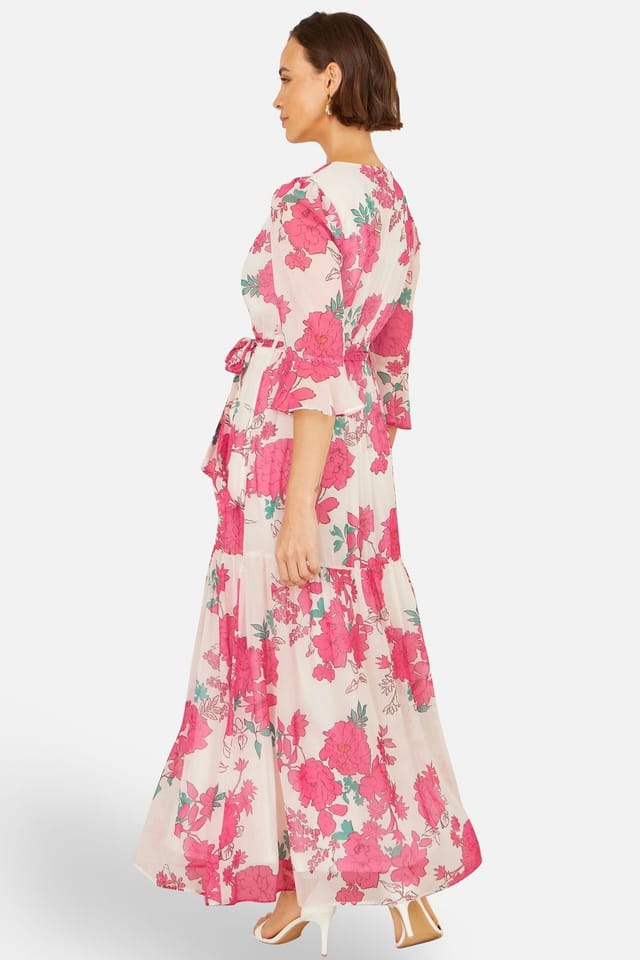 Yumi Yumi Women's Pink Blossom Print Maxi Wrap Dress in Bright Pink - 3
