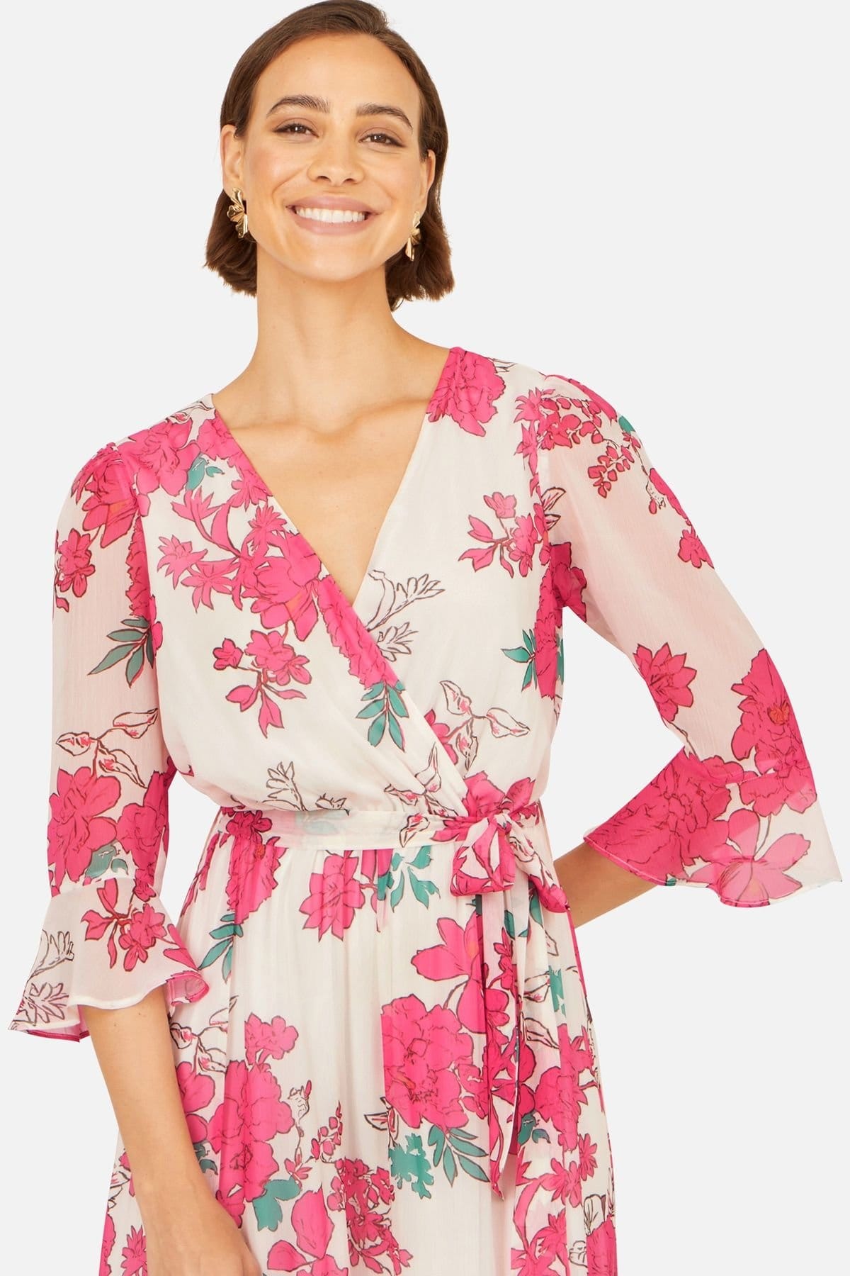 Yumi Yumi Women's Pink Blossom Print Maxi Wrap Dress in Bright Pink - 4