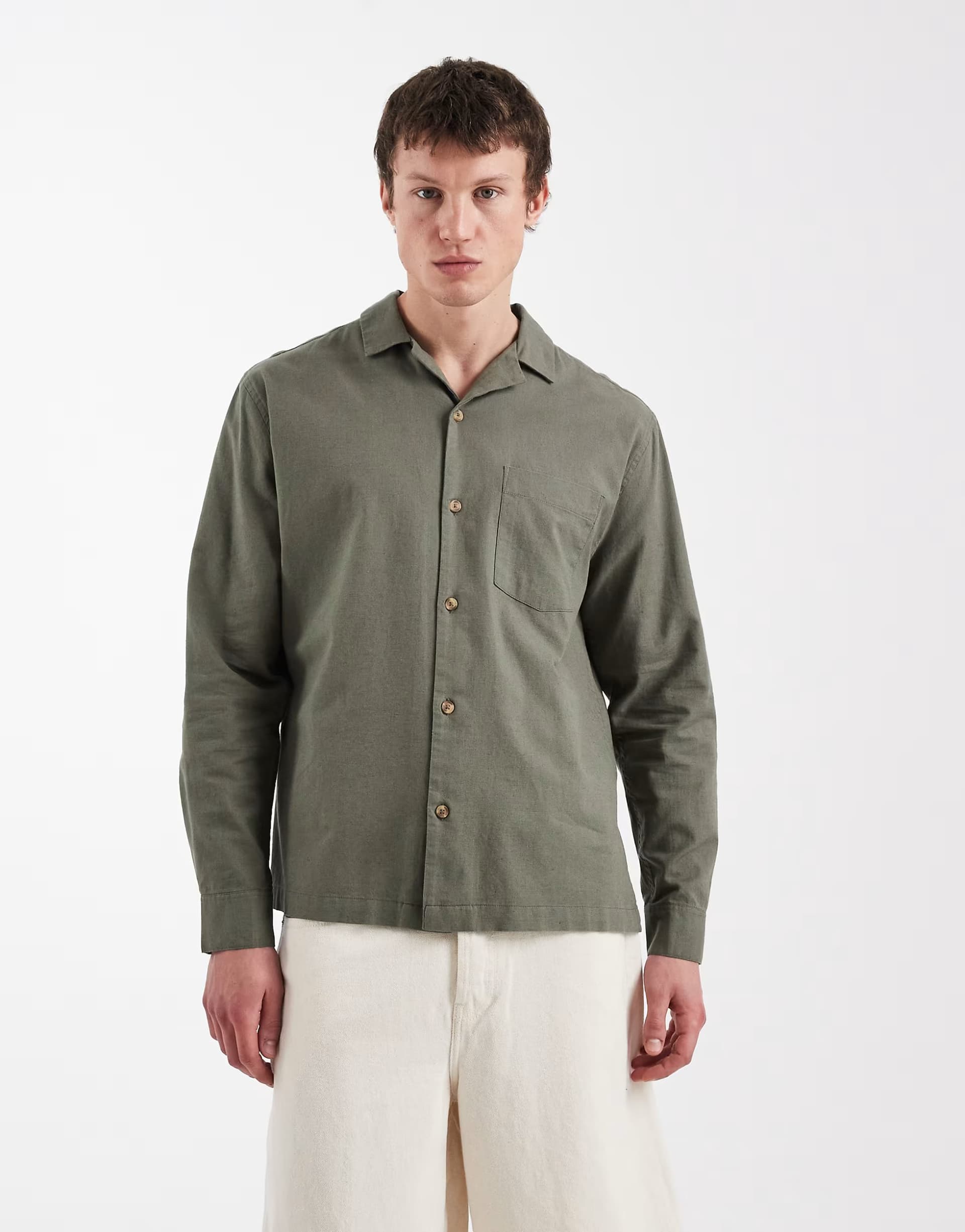 ASOS ASOS DESIGN Khaki Linen Shirt with Button Closure