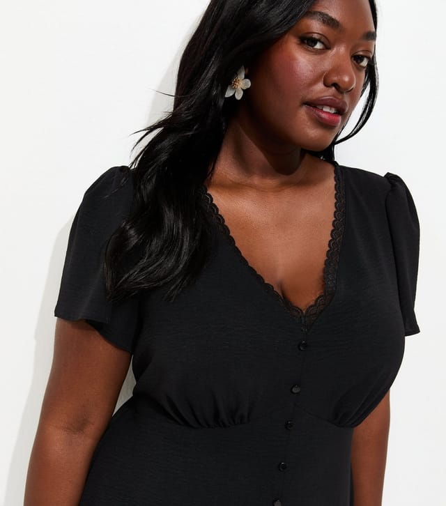 New Look Women's Plus Size Black Lace Trim Midi Tea Dress Curves New Look - 2