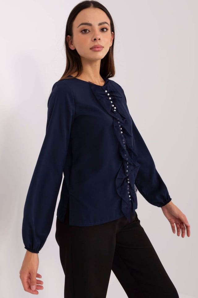 Love Lace Love Lace Women's Elegant Flounce Beaded Long Sleeve Blouse in Blue - 2