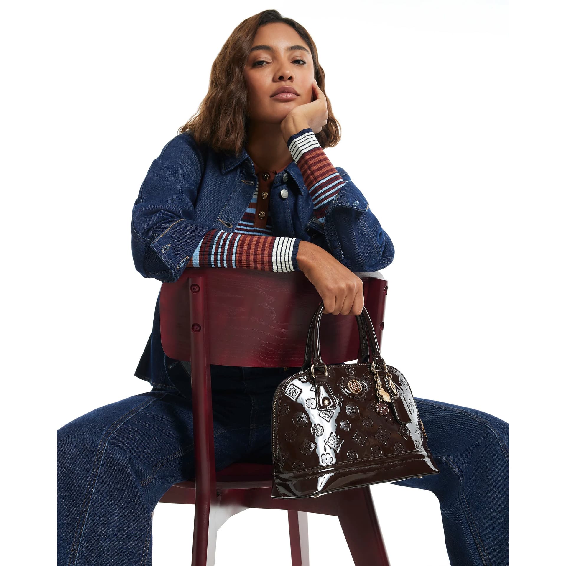 River Island River Island Womens Burgundy Patent Embossed Kettle Bundle Bag