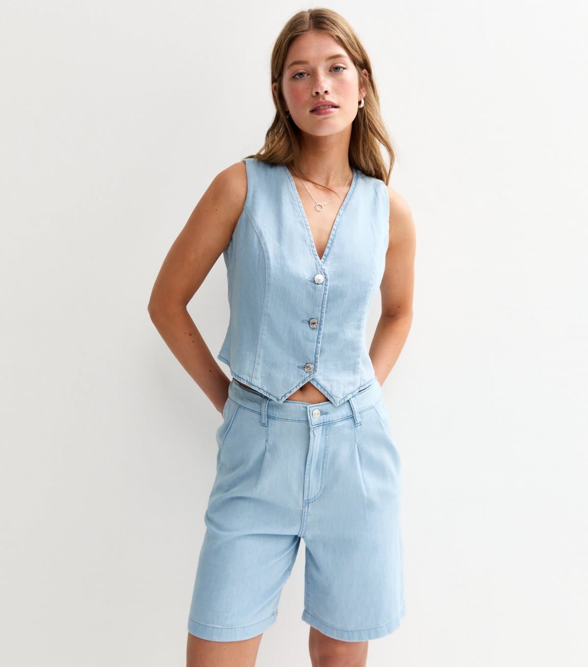 New Look New Look Light Blue Cropped Soft Denim Waistcoat