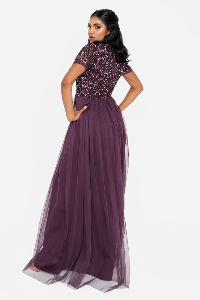 Maya Deluxe Maya Deluxe Women's Short Sleeve V Neck Embellished Maxi Dress in Grape - 2