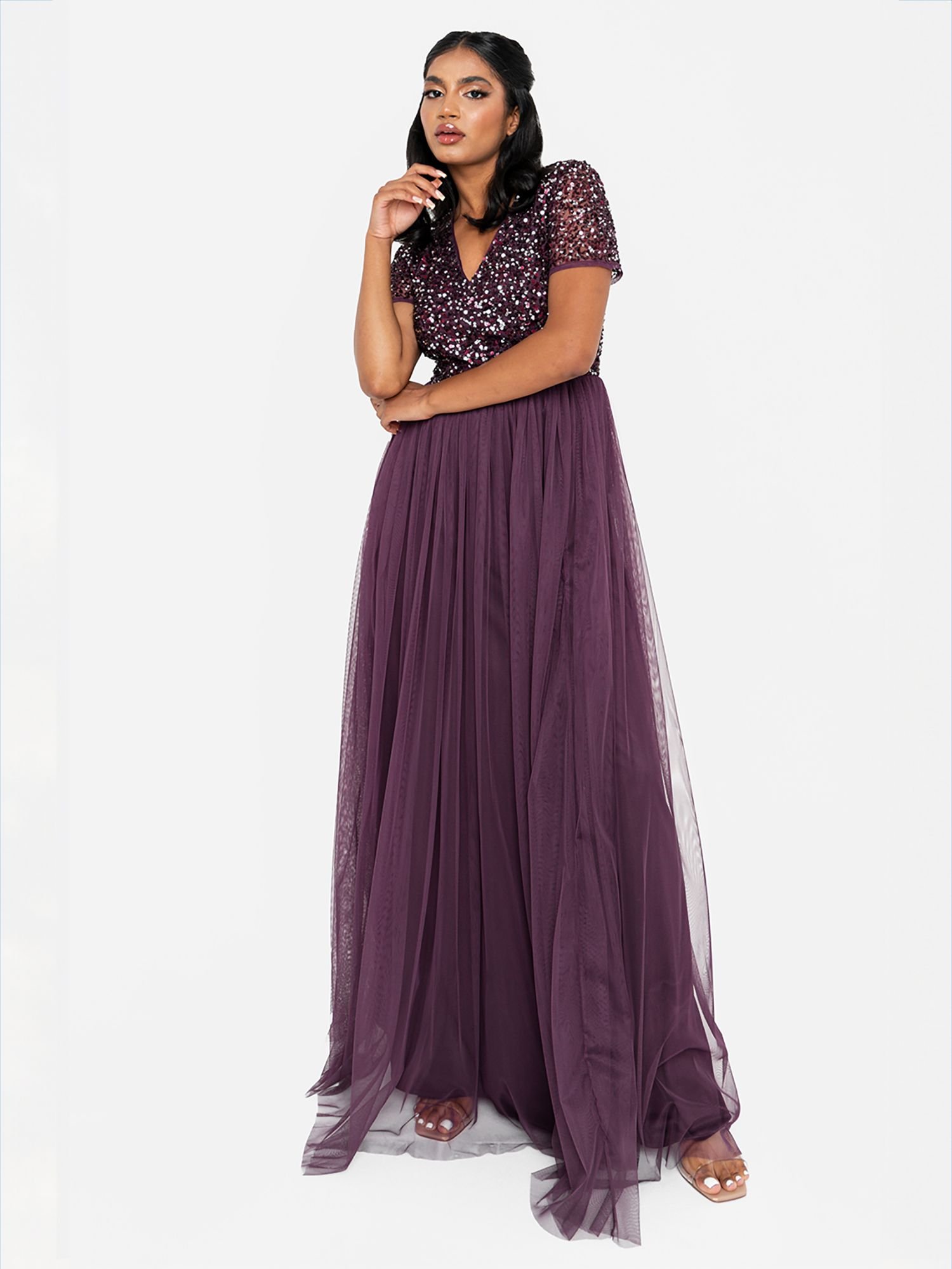 Maya Deluxe Maya Deluxe Women's Short Sleeve V Neck Embellished Maxi Dress in Grape - 3