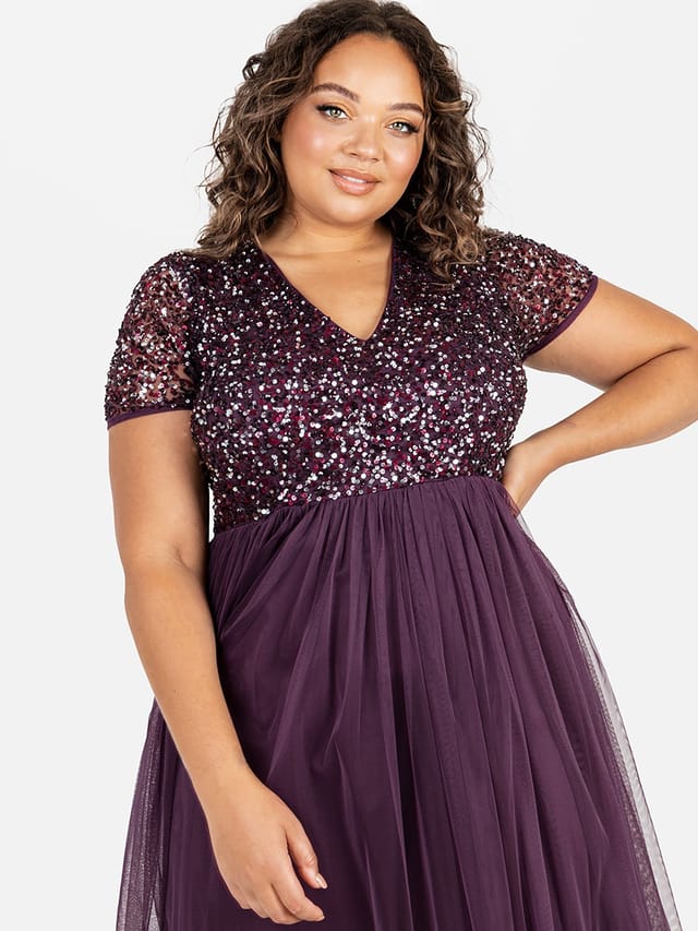Maya Deluxe Maya Deluxe Women's Short Sleeve V Neck Embellished Maxi Dress in Grape - 3