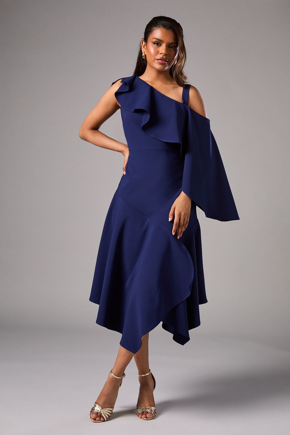 Coast Coast Women's Petite One Shoulder Ruffle Crepe Midi Wedding Guest Dress in Navy - 2