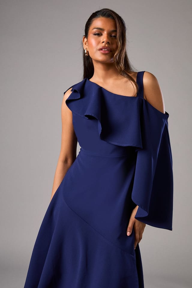 Coast Coast Women's Petite One Shoulder Ruffle Crepe Midi Wedding Guest Dress in Navy - 2