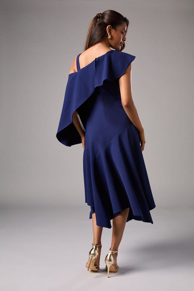 Coast Coast Women's Petite One Shoulder Ruffle Crepe Midi Wedding Guest Dress in Navy - 3