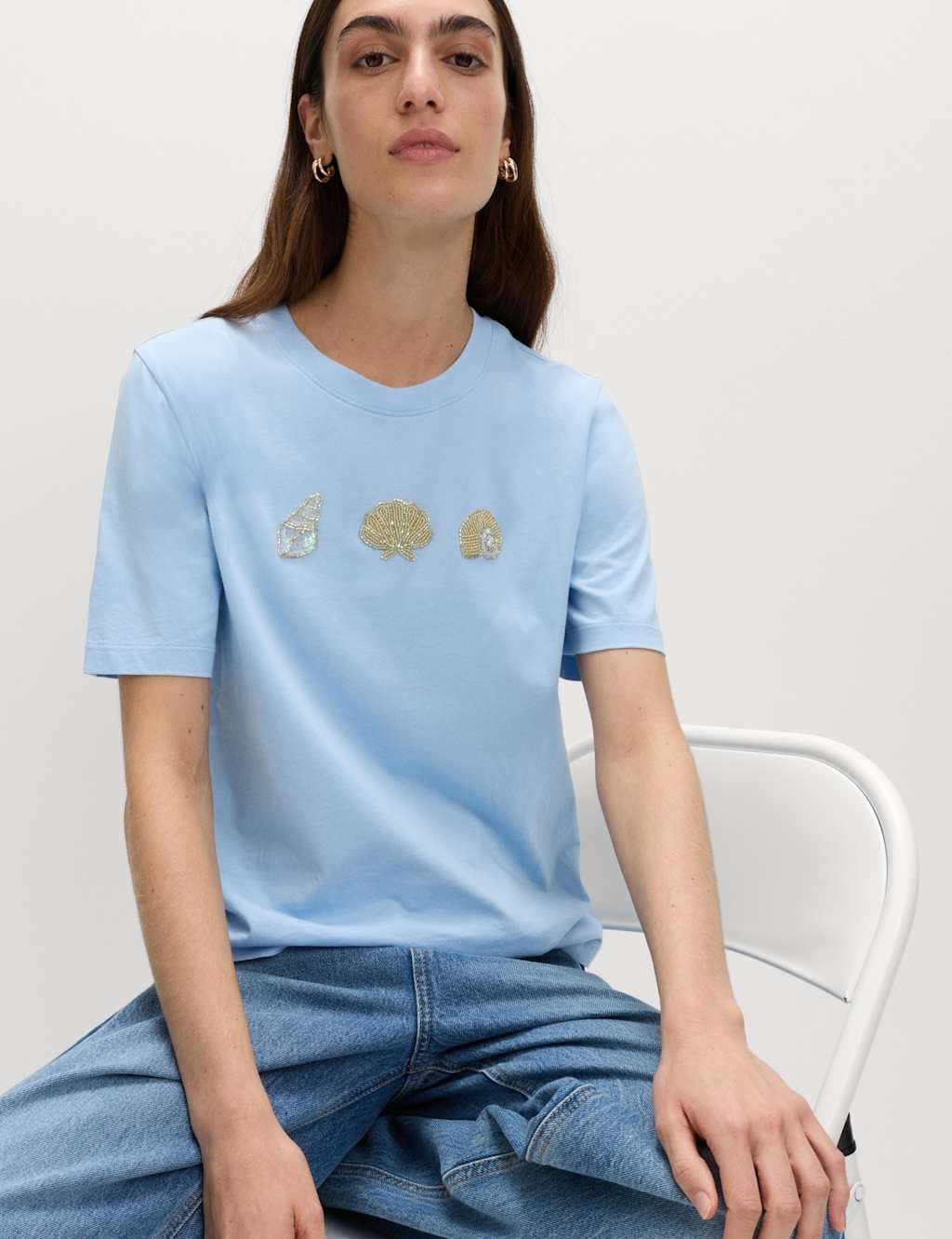Marks & Spencer M&S Blue Mix Embellished Cotton T-Shirt