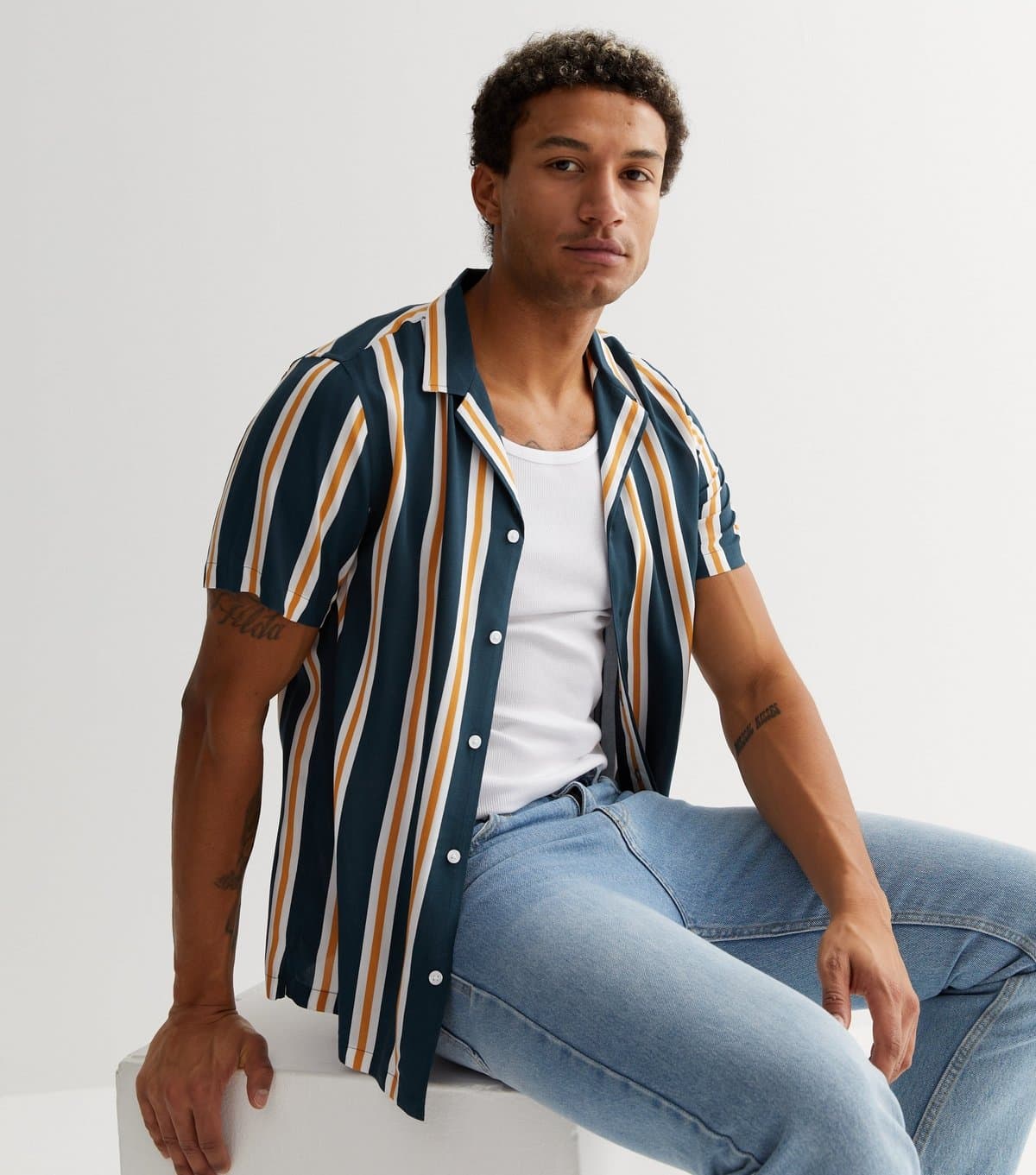 New Look Men's Navy Stripe Revere Collar Short Sleeve Shirt New Look