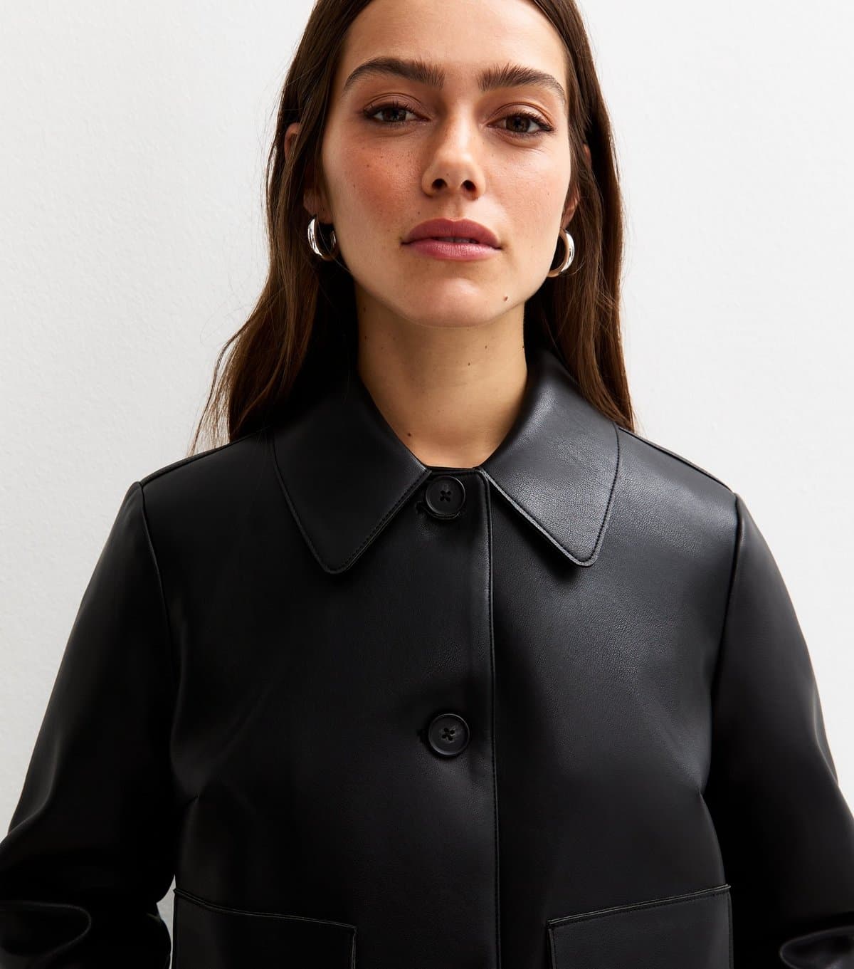 New Look Women's Petite Black Faux Leather Button Up Jacket New Look