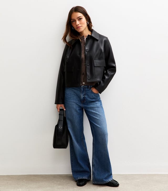 New Look Women's Petite Black Faux Leather Button Up Jacket New Look - 3