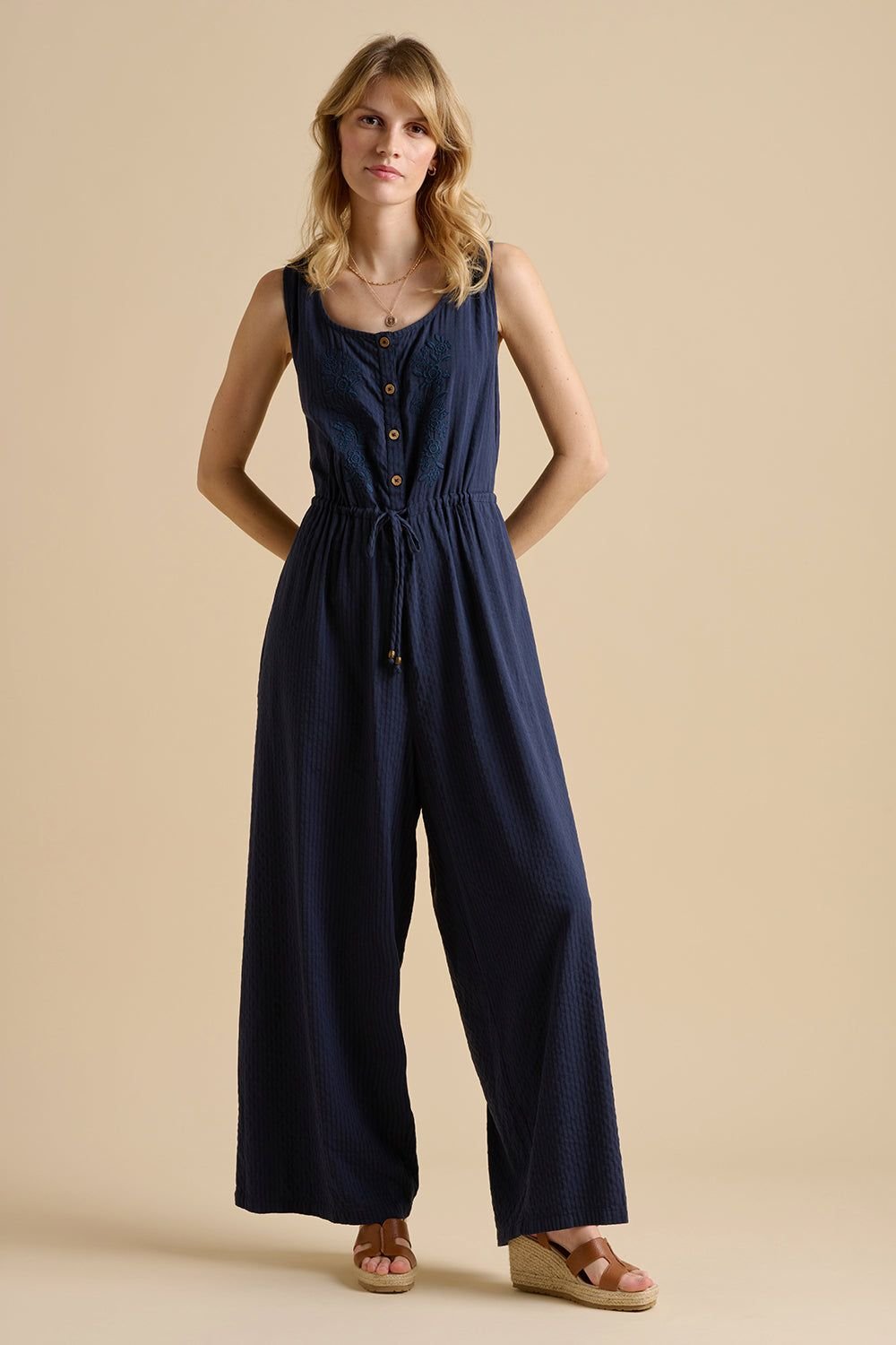 Brakeburn Brakeburn Women's Embroidery Drawstring Tie Jumpsuit in Navy - 4