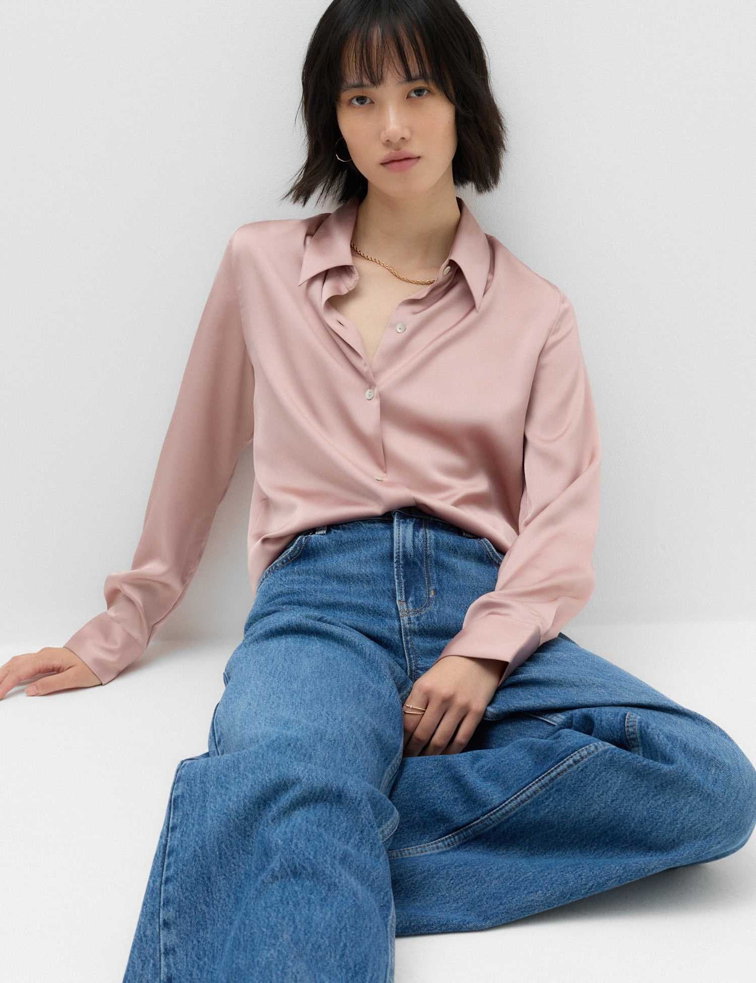 Marks & Spencer M&S Satin Collared Button Through Shirt Antique Rose