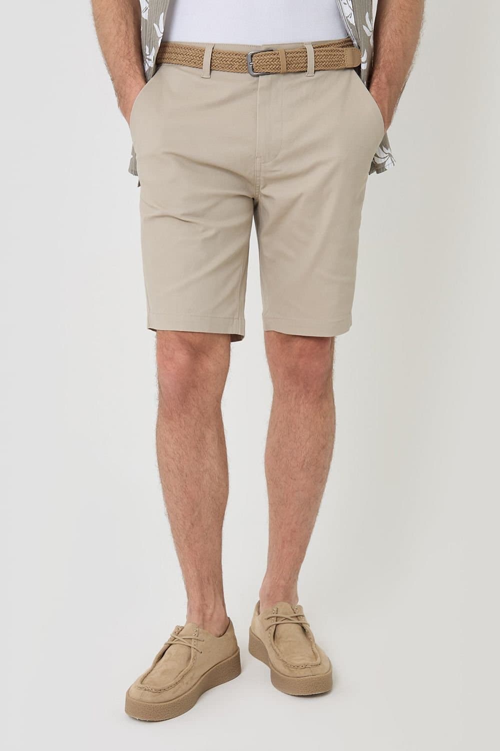 Threadbare threadbare Men's 'Conta' Cotton Turn-Up Chino Shorts with Woven Belt in Stone