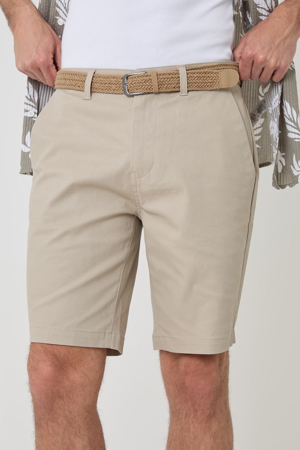 Threadbare threadbare Men's 'Conta' Cotton Turn-Up Chino Shorts with Woven Belt in Stone - 4