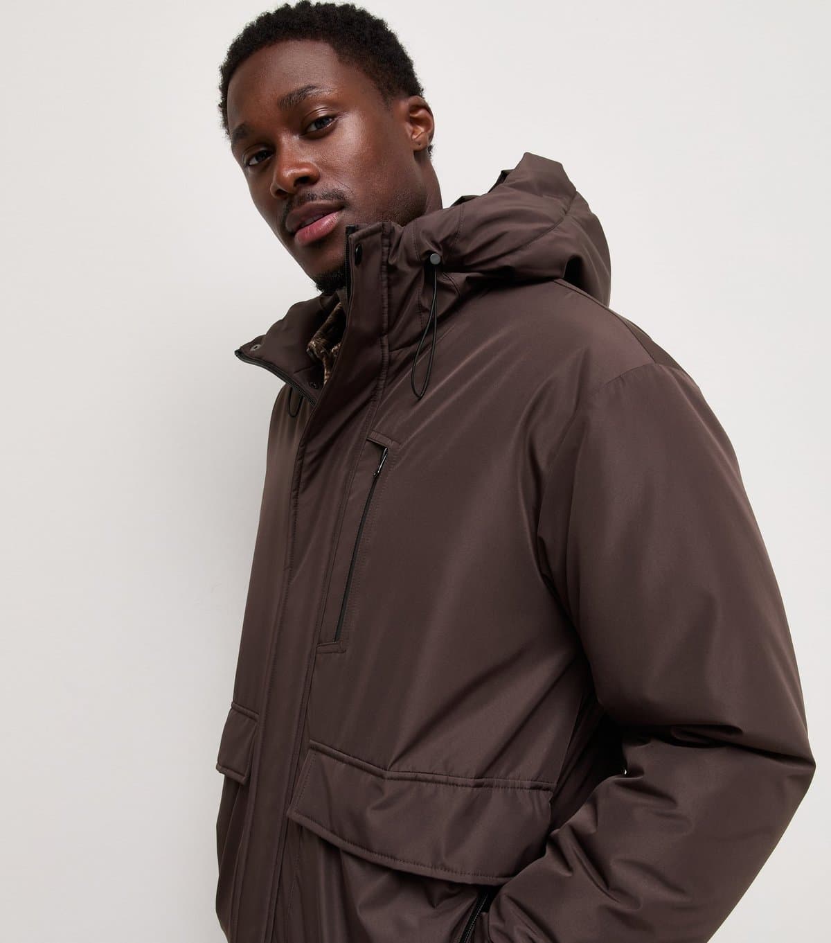 New Look Men's Dark Brown Padded Hooded Parka Coat New Look