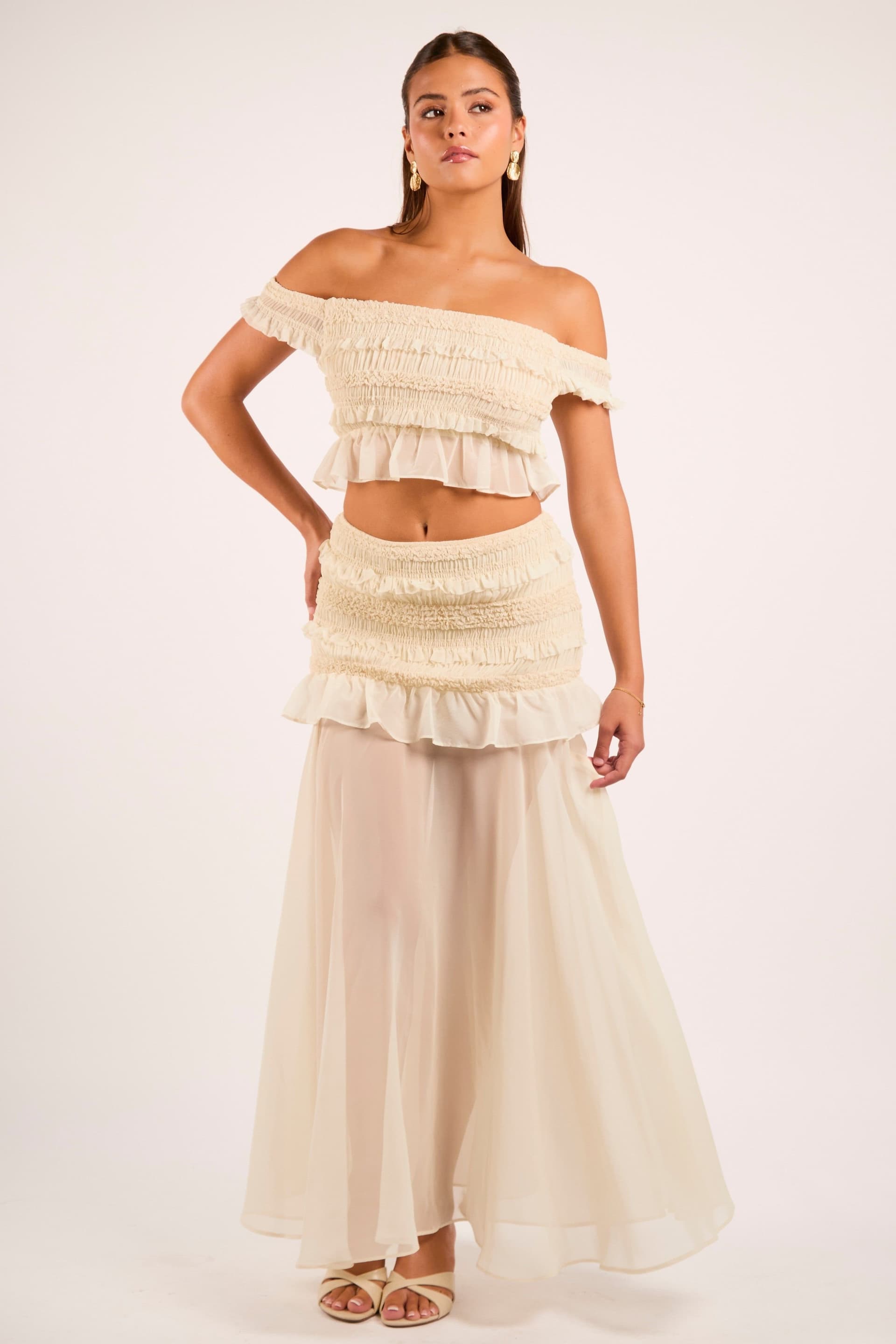 Jaded Rose Jaded Rose Women's Farah Cream Chiffon Ruffle Maxi Skirt in Light Beige