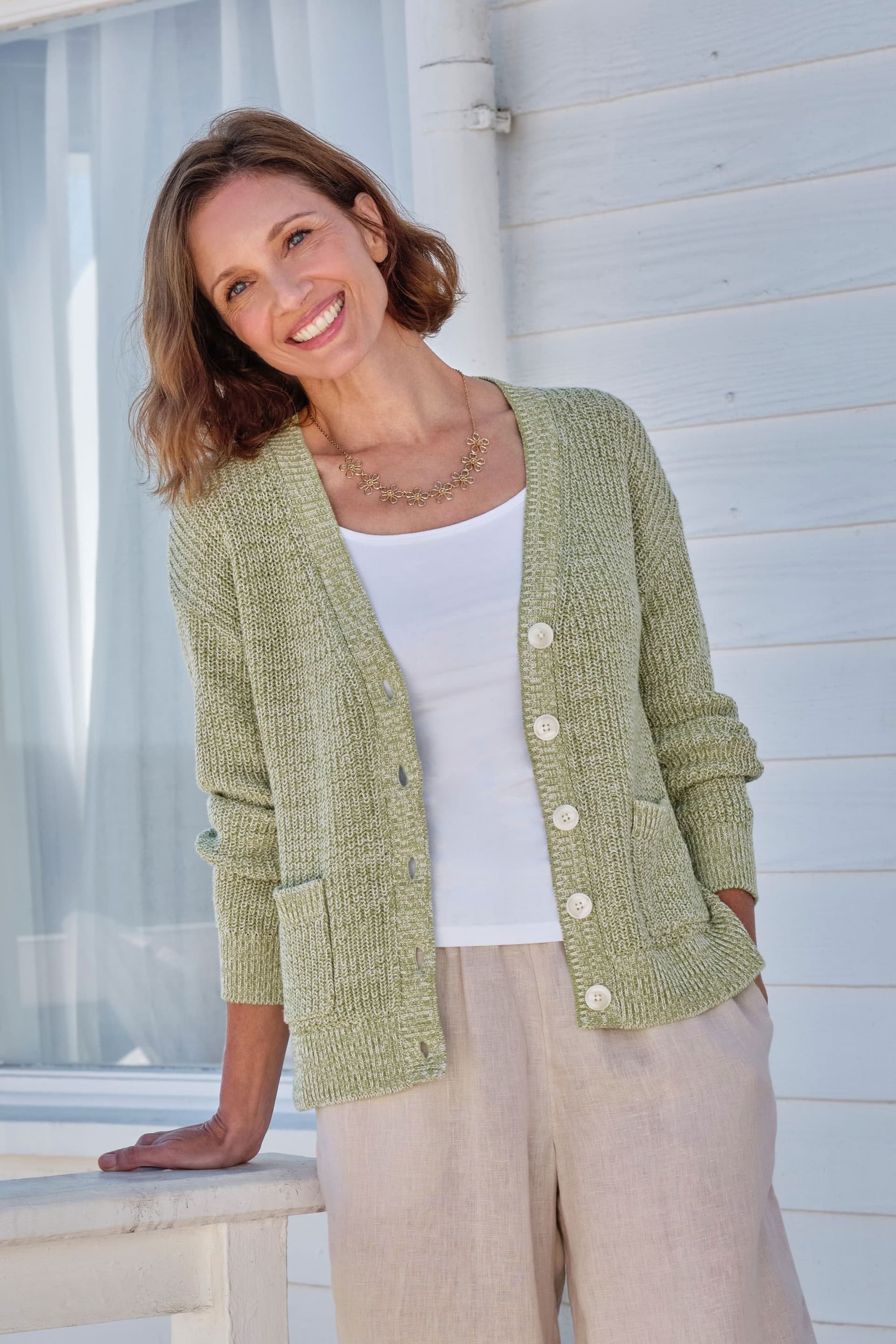 WoolOvers WoolOvers Women's Cotton Twist V Neck Cardigan in Green