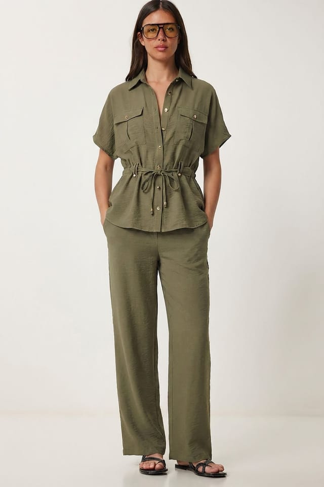 Happiness Istanbul Happiness Istanbul Women's Belted Long Wide Leg Co-Ord Set in Khaki - 2