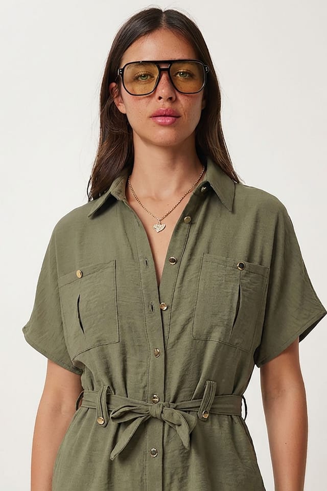 Happiness Istanbul Happiness Istanbul Women's Belted Long Wide Leg Co-Ord Set in Khaki - 3