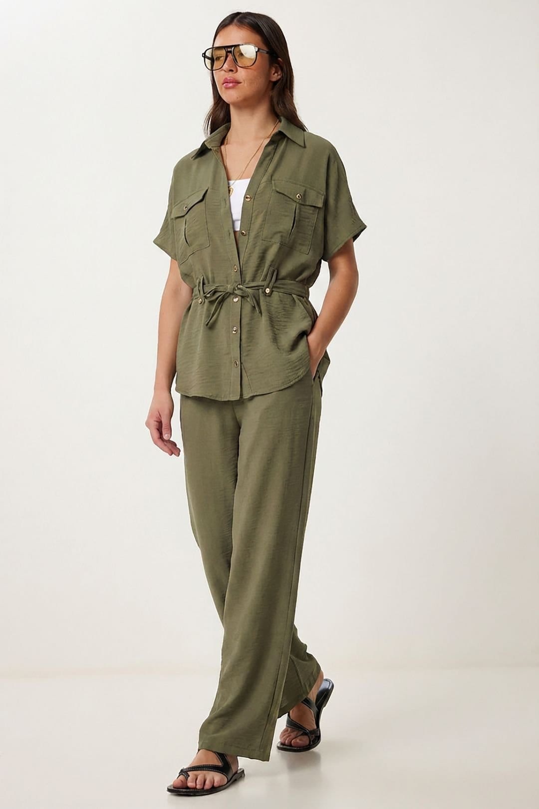 Happiness Istanbul Happiness Istanbul Women's Belted Long Wide Leg Co-Ord Set in Khaki - 4