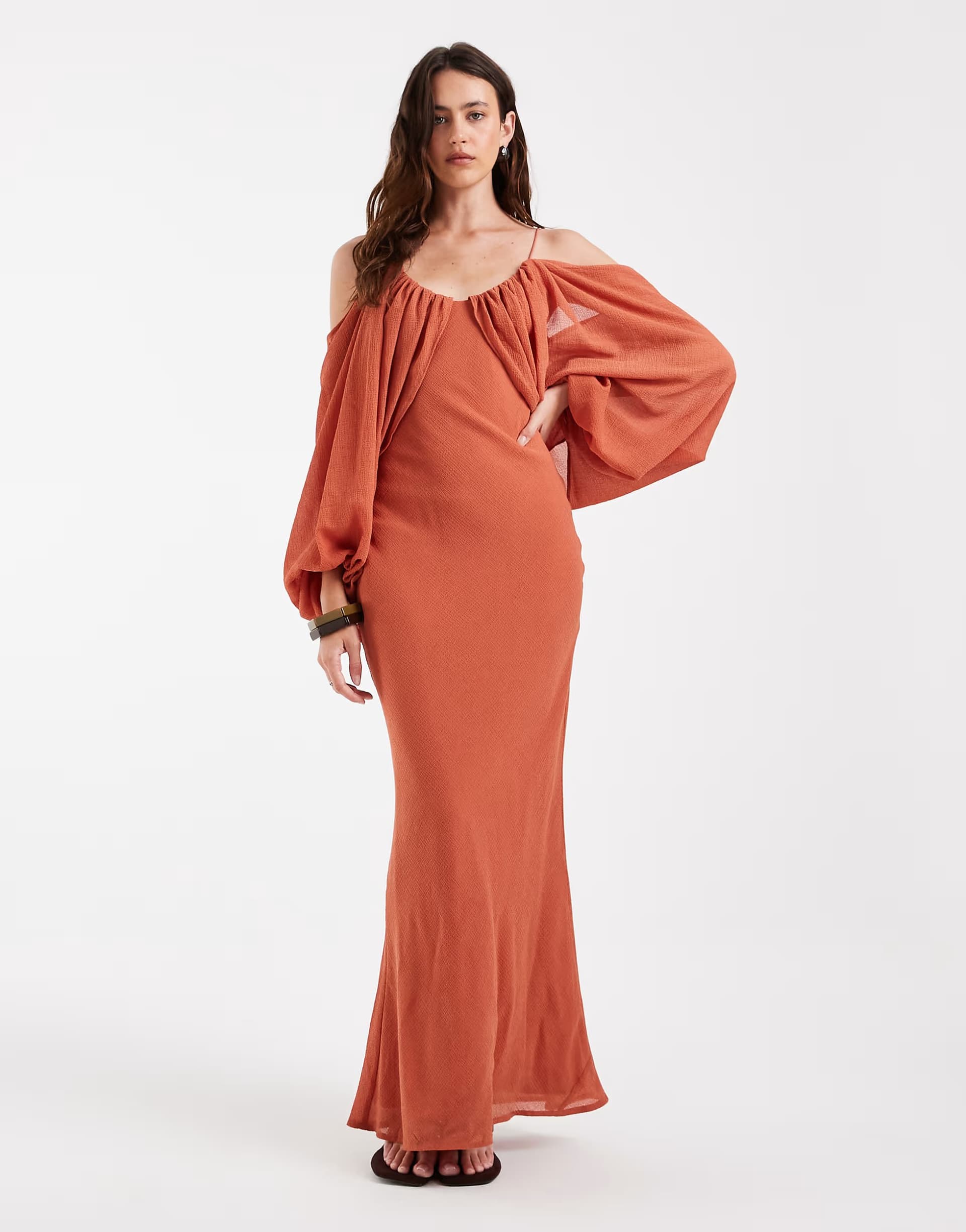 ASOS ASOS DESIGN draped maxi dress with draped blouson sleeve & tassel tie in rust