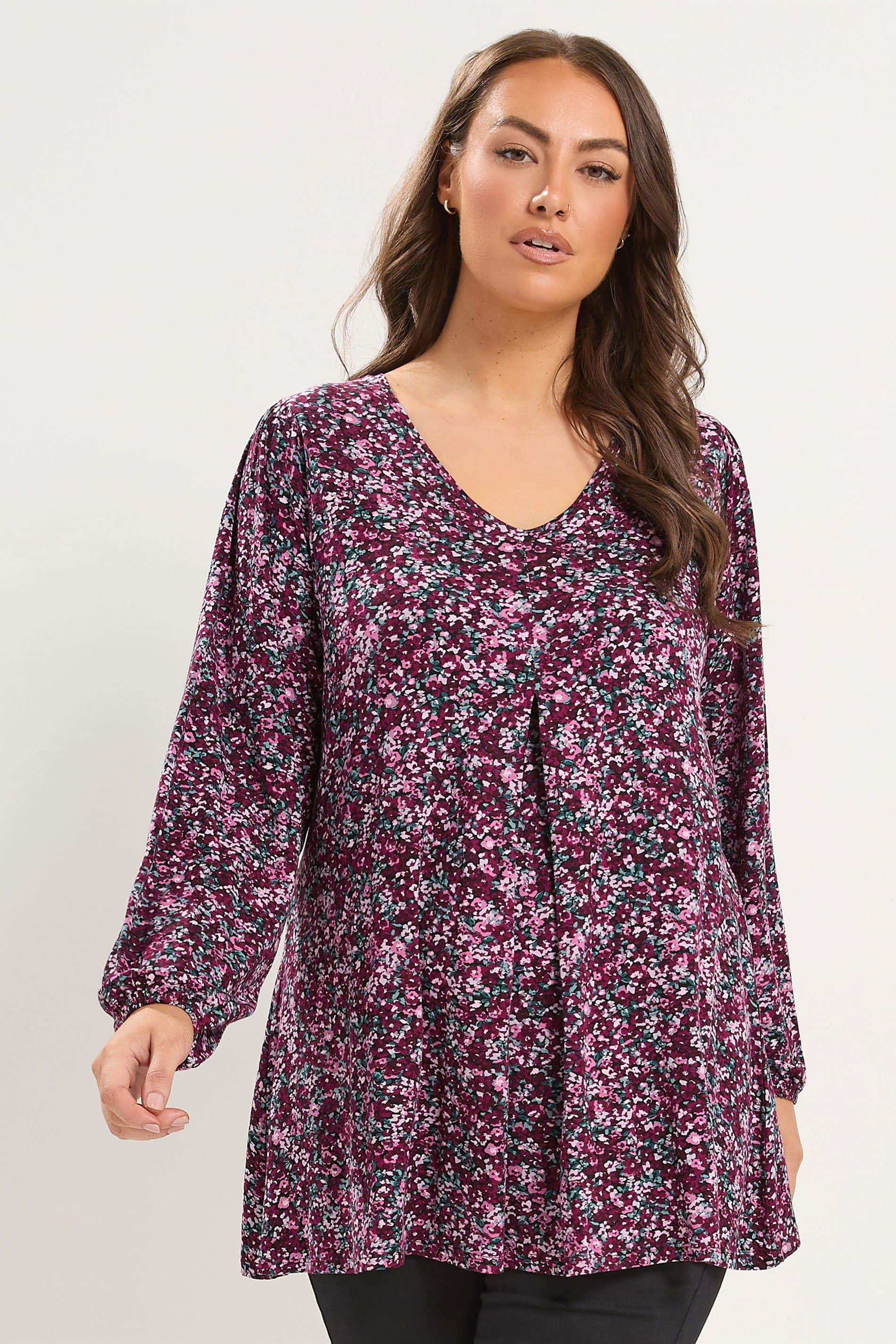 Yours Plus Size Womens Purple Floral Pleat Front Top