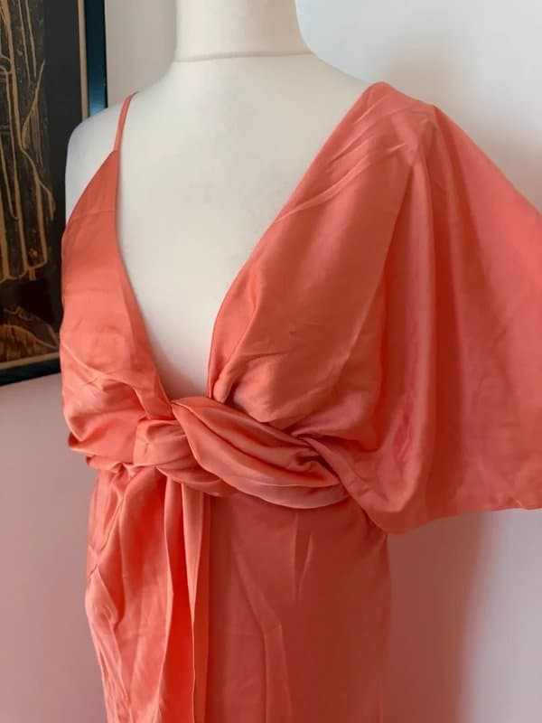 ASOS Design Coral Peach Satin Feel Maxi Dress, Wedding Guest Occasion - Size UK 10