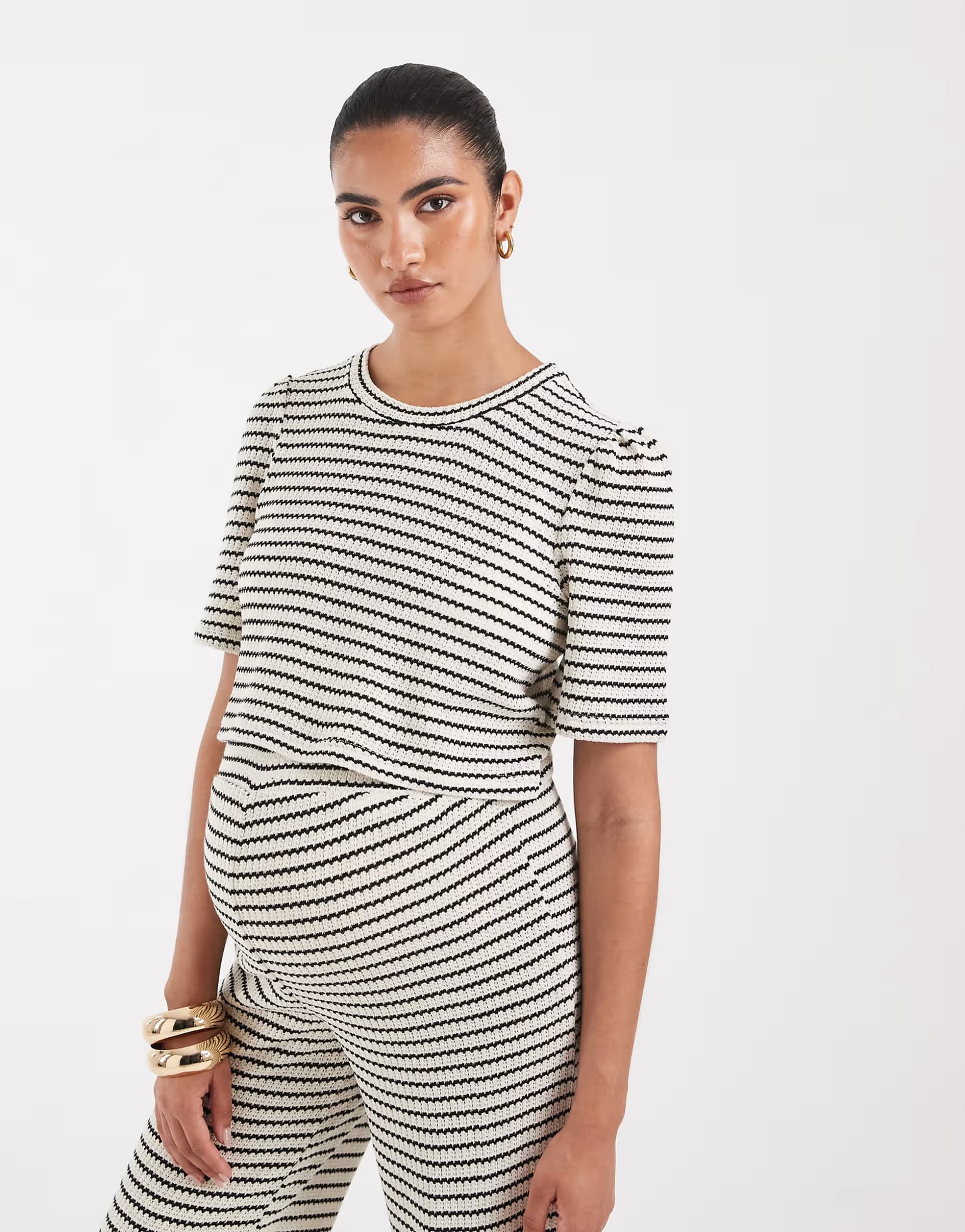 ASOS Vero Moda Maternity jersey crochet short sleeve boxy t-shirt co-ord in black and cream stripe