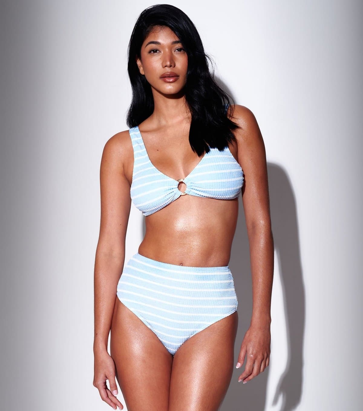 South Beach Women's Blue Striped Crinkled Ring Detail Bikini Top South Beach New Look