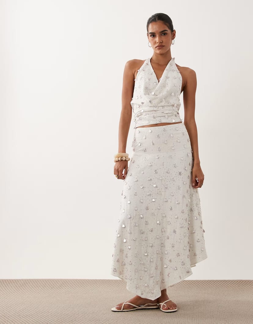 ASOS ASOS DESIGN dropped waist embellished co-ord midi skirt in white - 1