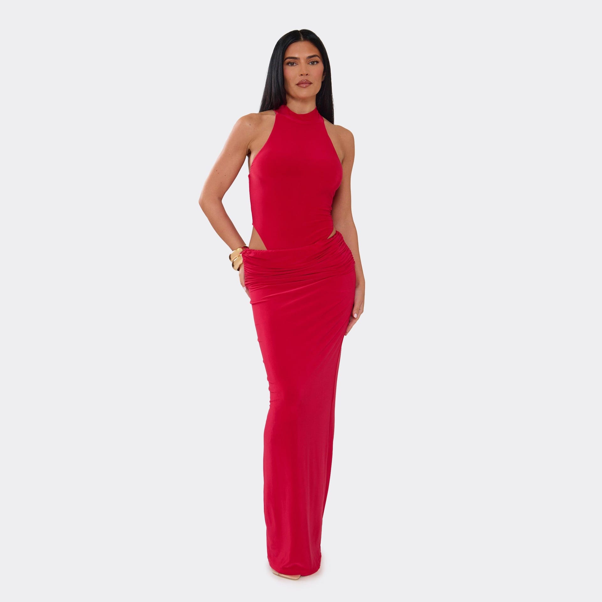 EGO Red Satin Low Waist Maxi Skirt