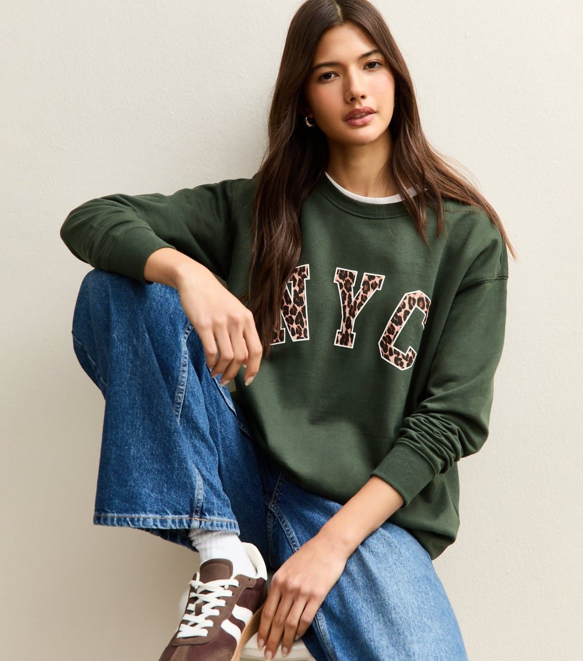 New Look Women's Dark Khaki NYC Leopard Print Logo Sweatshirt New Look