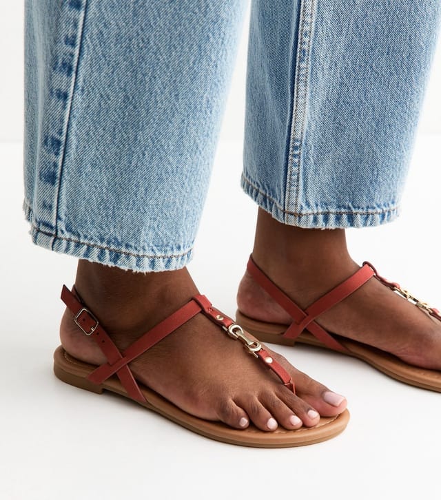 New Look Women's Rust Faux Leather Metal Toe Post Sandals Vegan New Look - 2