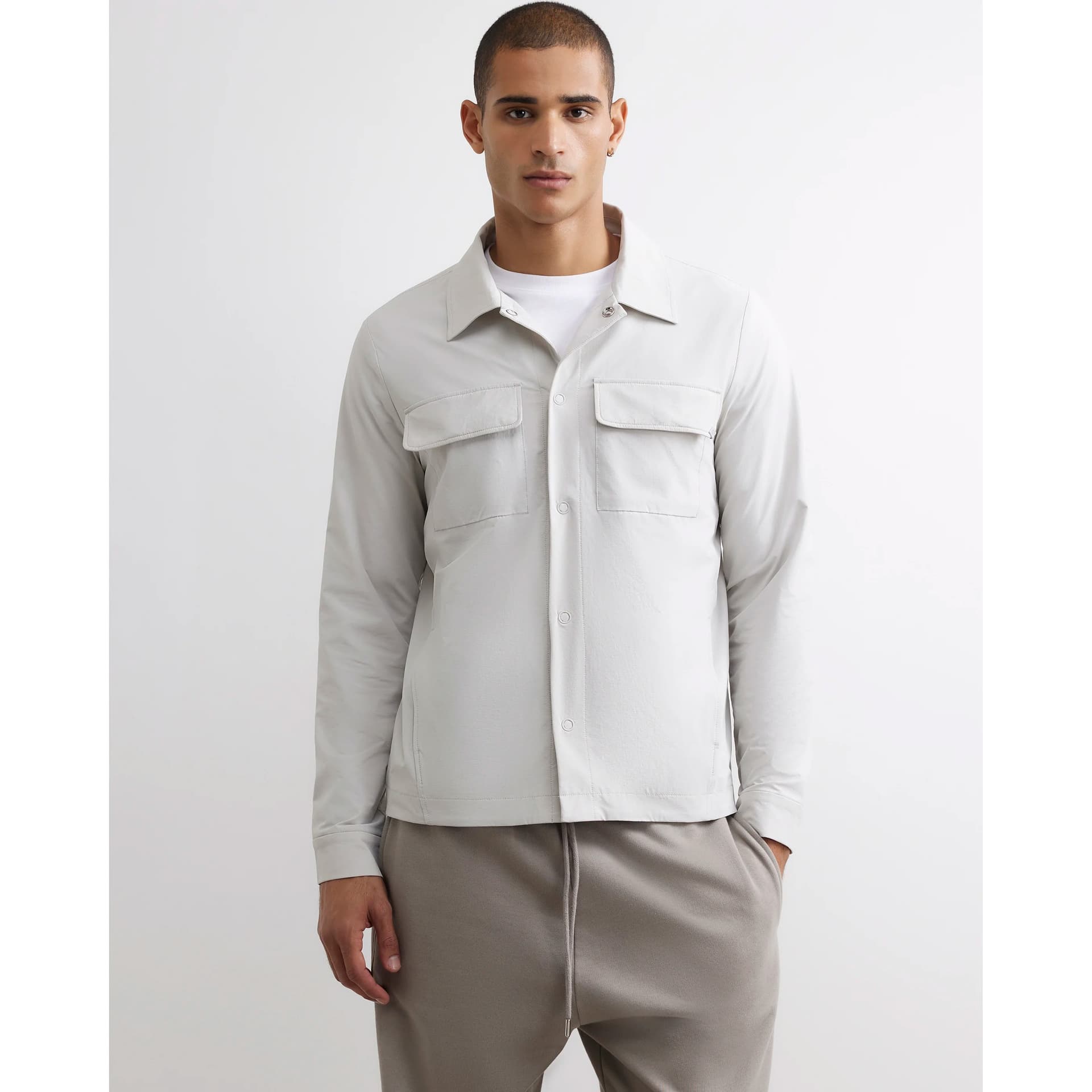 River Island Mens River Island Ecru Muscle Fit Funnel Neck Cotton Shacket