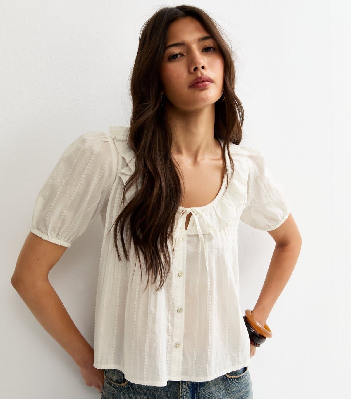 New Look Women's White Dobby Stripe Tie Bow Blouse New Look