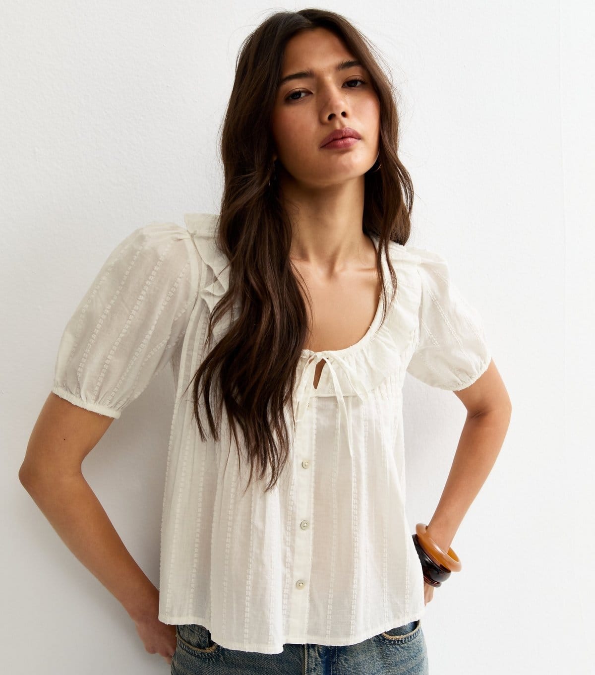 New Look Women's White Dobby Stripe Tie Bow Blouse New Look - 1