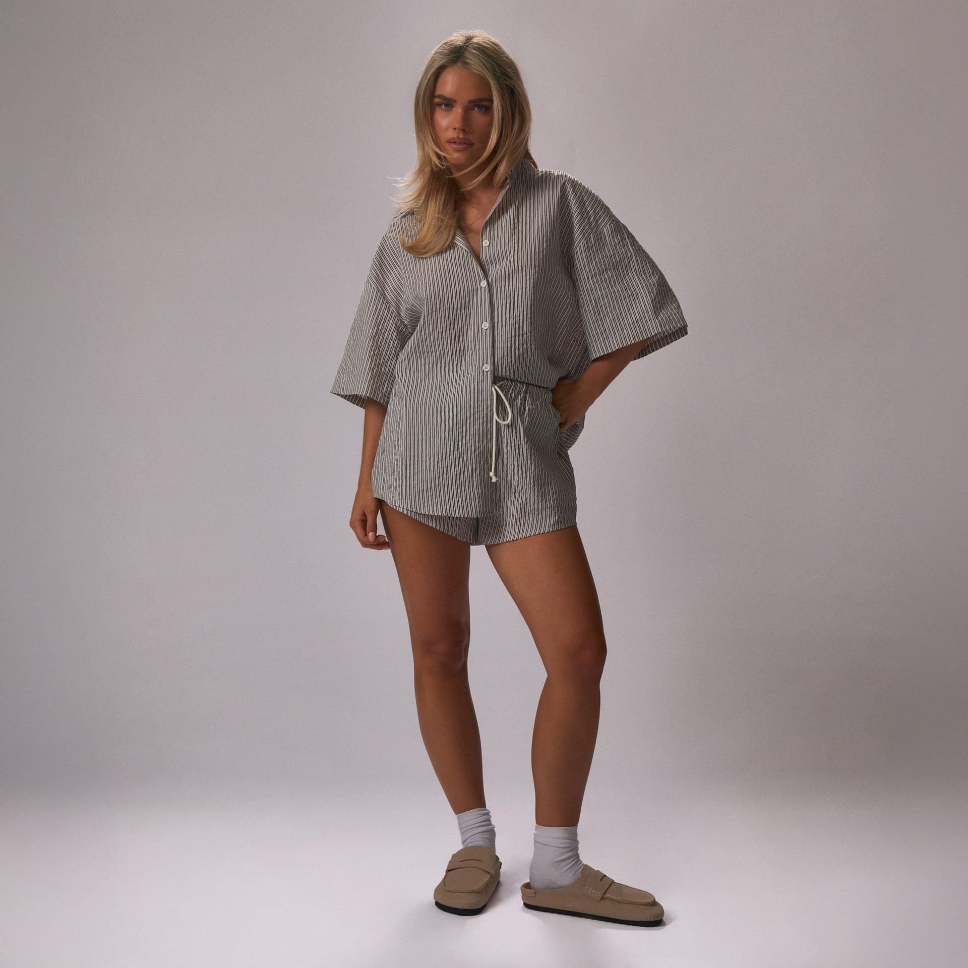 EGO Drawstring Waist Poplin Mini Shorts In Grey Stripe Crinkle, Women's Size UK 6