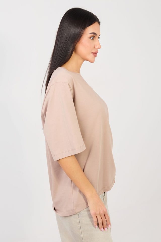 Love Lace Love Lace Women's Basic Cotton Elastane Round Neck T-Shirt in Beige - 2